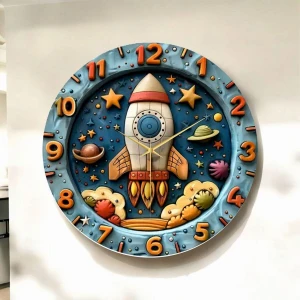 Renkli Baskı Uzay Çocuk Desenli Sayılı Hediyelik Ahşap Sessiz Duvar Saati 50CM