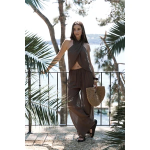 Cadhas Boyundan Bağlamalı Kahve Crop Pantolon Takım