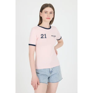 Pudra Ribanalı Yazı Baskılı Slim Fit Tişört 5981