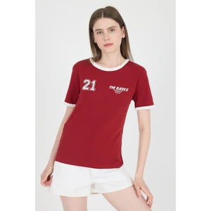 Bordo Ribanalı Yazı Baskılı Slim Fit Tişört 5981