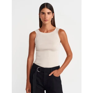 10770 Kare Yaka Askılı Triko Bluz-Taş