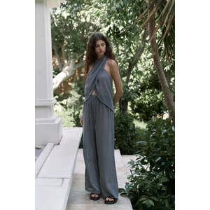 Cadhas Boyundan Bağlamalı Füme Crop Pantolon Takım