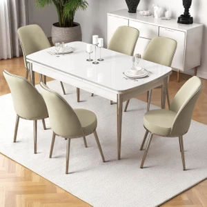 Nira Serisi 70X114 Mdf Açılabilir Beyaz Masa Takımı 6 Krem Sandalye Krom Detay