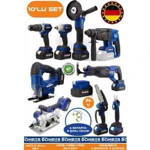 Alman 10 Makine Kombo Set BA01082M 6 Akülü 2 Şarjlı Kömürsüz V598 5AH Profesyonel - Blue Mavi