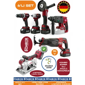 Alman BA01087K 6 Akülü 3 Şarjlı Kömürsüz V598 5AH Profesyonel 6 Makine Kombo Set - Red Kırmızı
