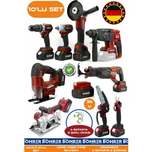 Alman 10 Makine Kombo Set BA01082K 6 Akülü 2 Şarjlı Kömürsüz V598 5AH Profesyonel -Kırmızı Red