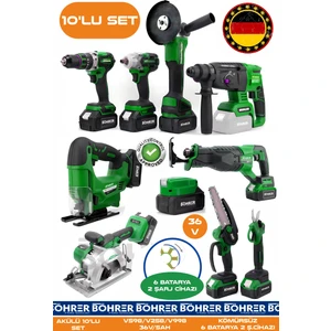 Alman 10 Makine Kombo Set BA01082Y 6 Akülü 2 Şarjlı Kömürsüz V598 5AH Profesyonel - Yeşil Green