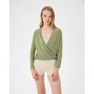 Ayma Active Kadın Açık Yeşil İpli Kruvaze Bluz - EcoVero™ Viskoz, Çok Yönlü Bağcıklı, Uzun Kollu, Dönüştürülebilir Wrap Top