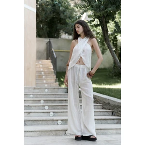 Cadhas Boyundan Bağlamalı Ekru Crop Pantolon Takım