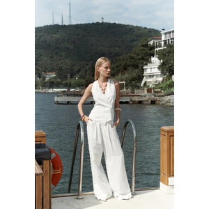 Nagmetah Sırt Pencereli Ekru Yelek Pantolon Takım