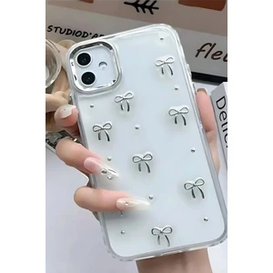 Apple iPhone 16 Kılıf Fiyonk Desenli Şeffaf Simli Gümüş Kamera Çıkıntılı Parlak Kapak