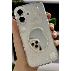 Apple iPhone 16 Kılıf 3D Kelebek Gül Desenli Aynalı Simli Şeffaf Tasarımlı Silikon Kapak