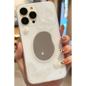 Apple iPhone 11 Pro Max Kılıf 3D Kelebek Gül Desenli Aynalı Simli Şeffaf Tasarımlı Silikon Kapak