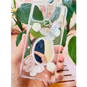 Samsung Galaxy A21S Kılıf 3D Kelebek Gül Desenli Aynalı Simli Şeffaf Tasarımlı Silikon Kapak