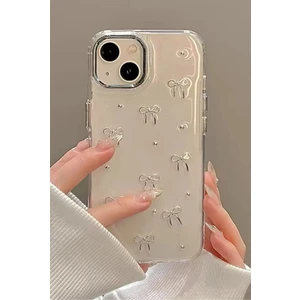 Apple iPhone 14 Plus Kılıf Fiyonk Desenli Şeffaf Simli Gümüş Kamera Çıkıntılı Parlak Kapak