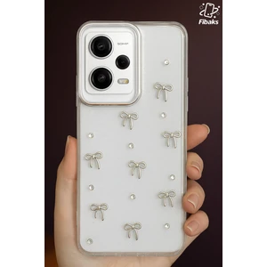 Xiaomi Redmi Note 12 Pro 5g Kılıf Fiyonk Desenli Şeffaf Simli Gümüş Kamera Çıkıntılı Parlak Kapak