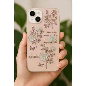 Apple iPhone 14 Plus Uyumlu Kılıf Simli Beyaz Gül Desenli Renkli Parlak Darbe Emici Kapak