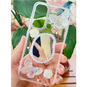 Xiaomi Redmi Note 8 Kılıf 3D Kelebek Gül Desenli Aynalı Simli Şeffaf Tasarımlı Silikon Kapak
