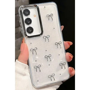 Samsung Galaxy S23 Uyumlu Kılıf Fiyonk Desenli Şeffaf Simli Gümüş Kamera Çıkıntılı Parlak Kapak