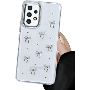 Samsung Galaxy A32 Kılıf Fiyonk Desenli Şeffaf Simli Gümüş Kamera Çıkıntılı Parlak Kapak