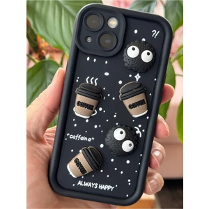 Apple iPhone 14/13 Kılıf Tasarımlı Desenli Kamera Korumalı Coffee Kurabiye Siyah Yumuşak Silikon Kapak