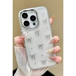 Apple iPhone 15 Pro Max Kılıf Fiyonk Desenli Şeffaf Simli Gümüş Kamera Çıkıntılı Parlak Kapak