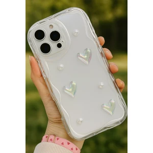Apple iPhone 15 Pro Max Kılıf 3D Kalpli Inci Tasarımlı Desenli Kamera Korumalı Şeffaf Silikon Kapak