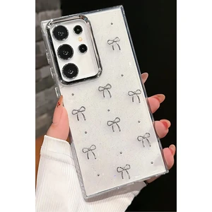 Samsung Galaxy S24 Ultra Uyumlu Kılıf Fiyonk Desenli Şeffaf Simli Gümüş Kamera Çıkıntılı Parlak Kapak