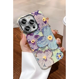Apple iPhone 16 Pro Kılıf Renk Değiştiren Taşlı Kamera Lens Korumalı Mavi Çiçek Desenli Darbe Emici Kapak