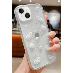 Apple iPhone 13/14 Uyumlu Kılıf Fiyonk ve Inci Desenli Şeffaf Simli Kamera Çıkıntılı Parlak Kapak