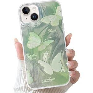 Apple iPhone 13/14 Uyumlu Kılıf Parlak Hologram Yeşil Kelebek Desenli Darbe Emici Kamera Korumalı Silikon