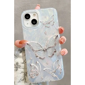 Apple iPhone 13 - 14 - 15 Uyumlu Kılıf Tüylü Hologram Kelebek Desenli Darbe Emici Kamera Korumalı Silikon