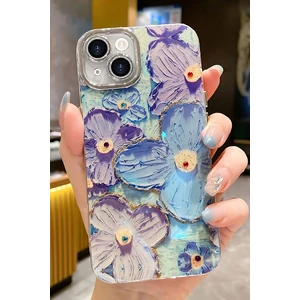 Apple iPhone 16 Plus Kılıf Renk Değiştiren Taşlı Kamera Lens Korumalı Mavi Çiçek Desenli Darbe Emici Kapak