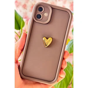 Apple iPhone 16 Kılıf 3D Kalp Tasarımlı Kahverengi Desenli Yumuşak Kamera Korumalı Silikon Kapak