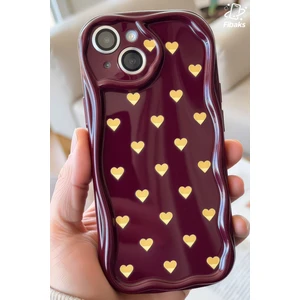 Apple iPhone 13 Kılıf Kamera Korumalı Dalga Kenarlı Minik Sarı Kalp Desenli Bordo Silikon Kapak