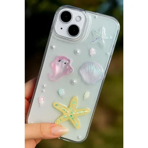Apple iPhone 13 - 14 - 15 Kılıf Şeffaf Simli Deniz Yıldızı Vatoz Deniz Kabuğu Desenli Silikon Kapak