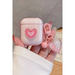 Apple AirPods 1. Nesil ve 2. Nesil Uyumlu 3D Simli Pembe Kalpli Kopçalı Kulaklık Kılıfı