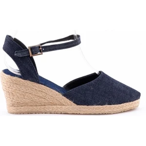 Gerçek Elişi Topuğu Açık Bilekten Bantlı Dolgu Topuk Kot Mavi Keten Hasır Espadril Handmade