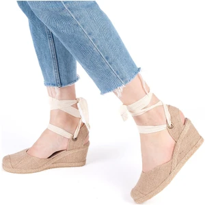 Gerçek Elişi Arkası Açık Geniş Ipli Burnu Hasırlı Dolgu Topuk Keten Kadın Espadril Handmade