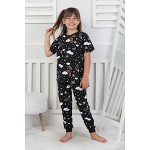 %100 Pamuk Gökkuşağı Desenli Kısa Kollu Manşetli Paça Kız Çocuk Pijama Takımı 3-8 Yaş