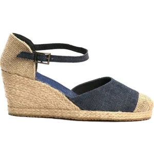 Gerçek Elişi Burnu Hasır Dolgu Topuk Kot Mavi Keten Hasır Espadril Handmade