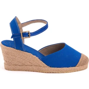 Gerçek Elişi Topuğu Açık Bilekten Bantlı Dolgu Topuk Keten Hasır Espadril Handmade