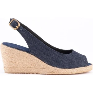 Gerçek Elişi Burnu Açık Arkası Bantlı Dolgu Topuk Kot Mavi Keten Hasır Espadril Handmade