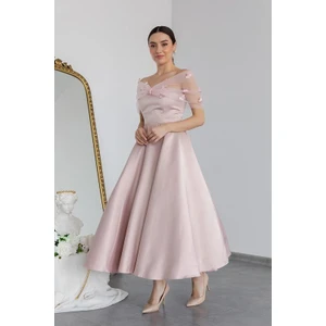 Çiçek Detaylı Tarlatanlı Saten Kiloş Abiye