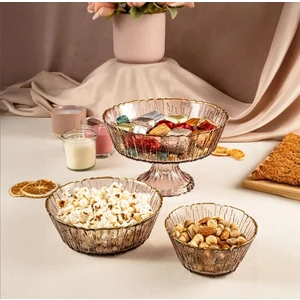 Rita 3'lü Cam Kase Seti Kahve Altın Fileli