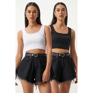 Askılı Crop 2'li Paket Örme Bluz HGT0001 SİYAH BEYAZ