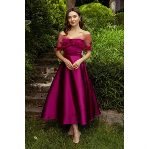 Çiçek Detaylı Tarlatanlı Saten Kiloş Abiye