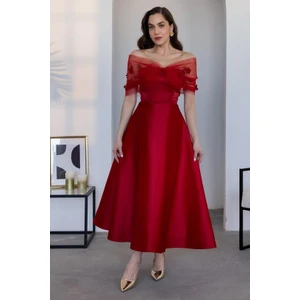 Çiçek Detaylı Tarlatanlı Saten Kiloş Abiye