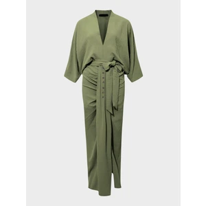 Eteği Süs Düğmeli ve Büzgülü Yırtmaçlı Elbise - Haki