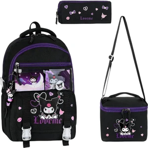 Ilkokul Kız Çocuk Çantası 3'lü Set Kuromi Benzeri 42*30 cm Beslenme Çantası Kalem Kutusu Ortopedik